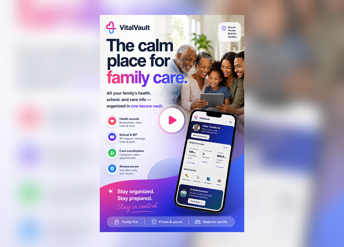 VitalVault family health vault promo for families and caregivers